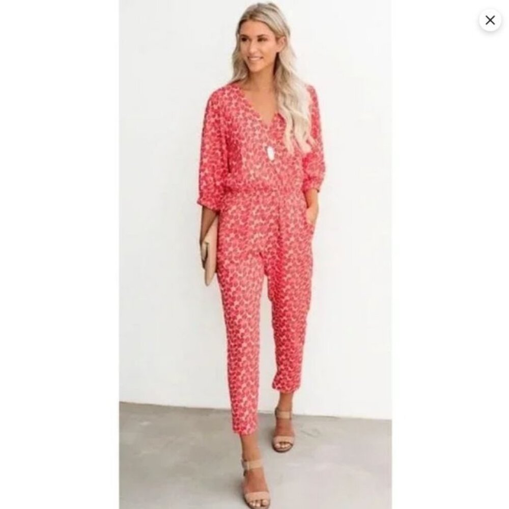Vici Red Floral Begonia Pocketed Jumpsuit sz Small
